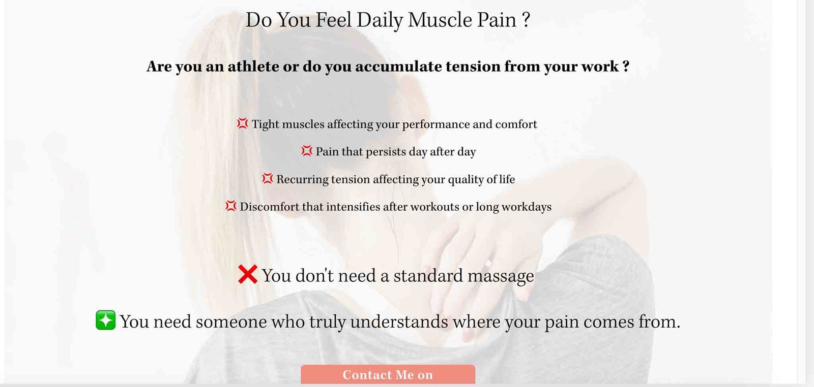 Section problème d'une page d'atterrissage pour une massothérapeute à Nice pour une campagne publicitaire