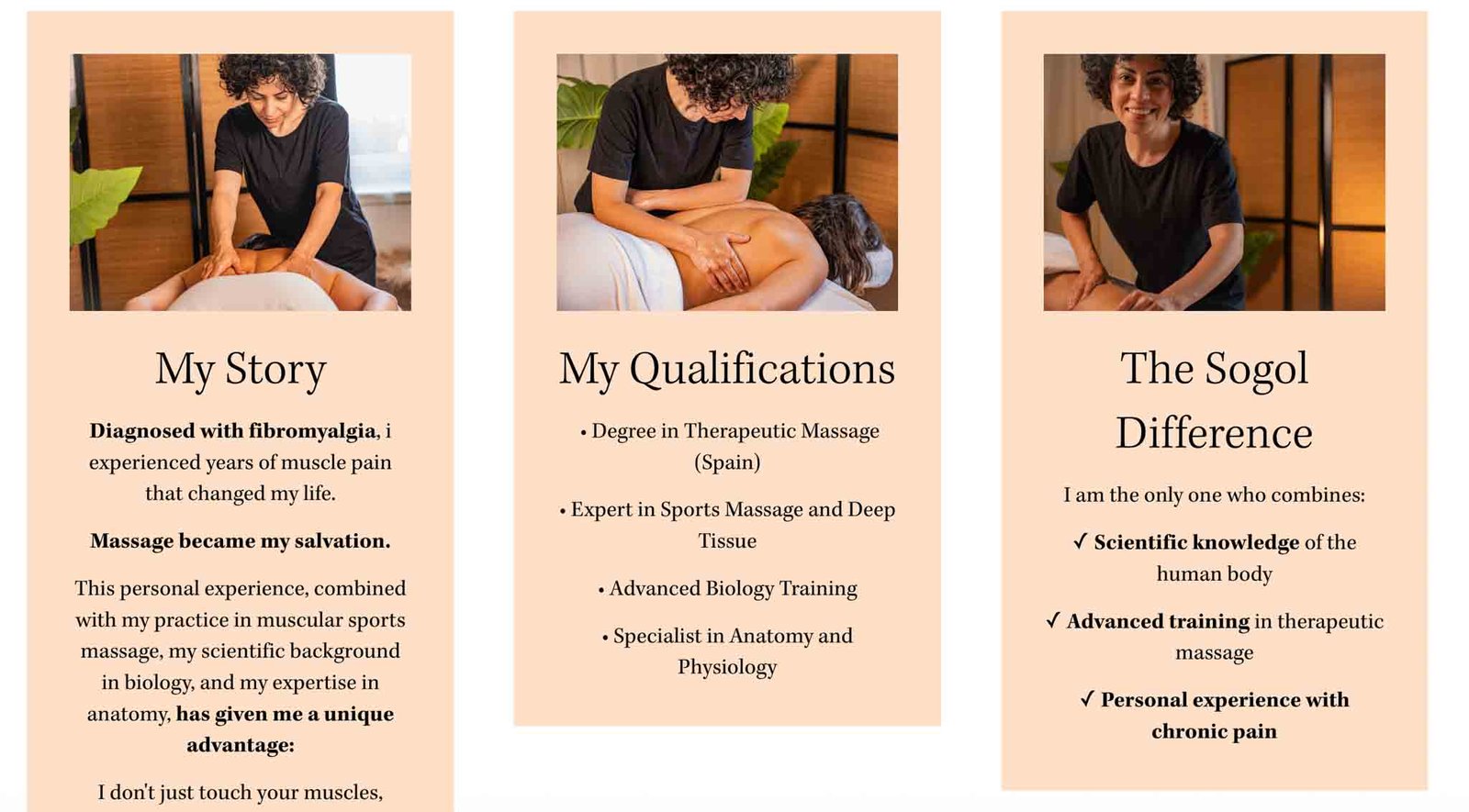 Section à propos de moi pour une campagne publicitaire avec une landing page site Web massage Nice